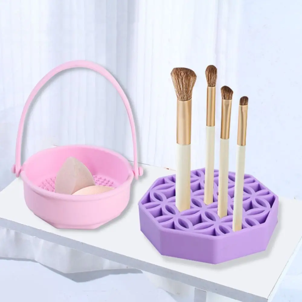 

Multi-functional Silicone Makeup Brush Cleaning Bowl Powder Puff Beauty Washing Scrubber Pad with Folding Brush Holder