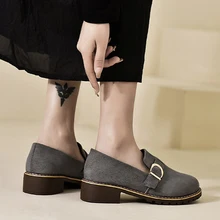 Loafers Women Suede Retro Pumps 2022 New Belt Buckle Round Toe Casual Single Shoes Low Heel Fashion Large Size 43 Heels Tacones