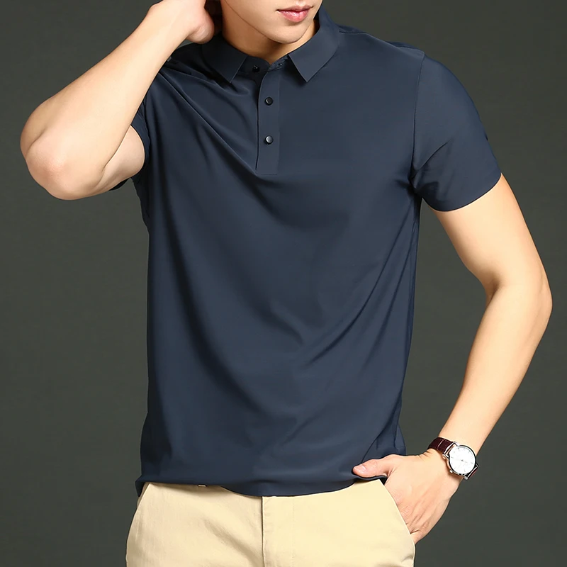 Summer Men Polo Shirts 2023 New Lapel Solid Color Ice Silk Loose Short
