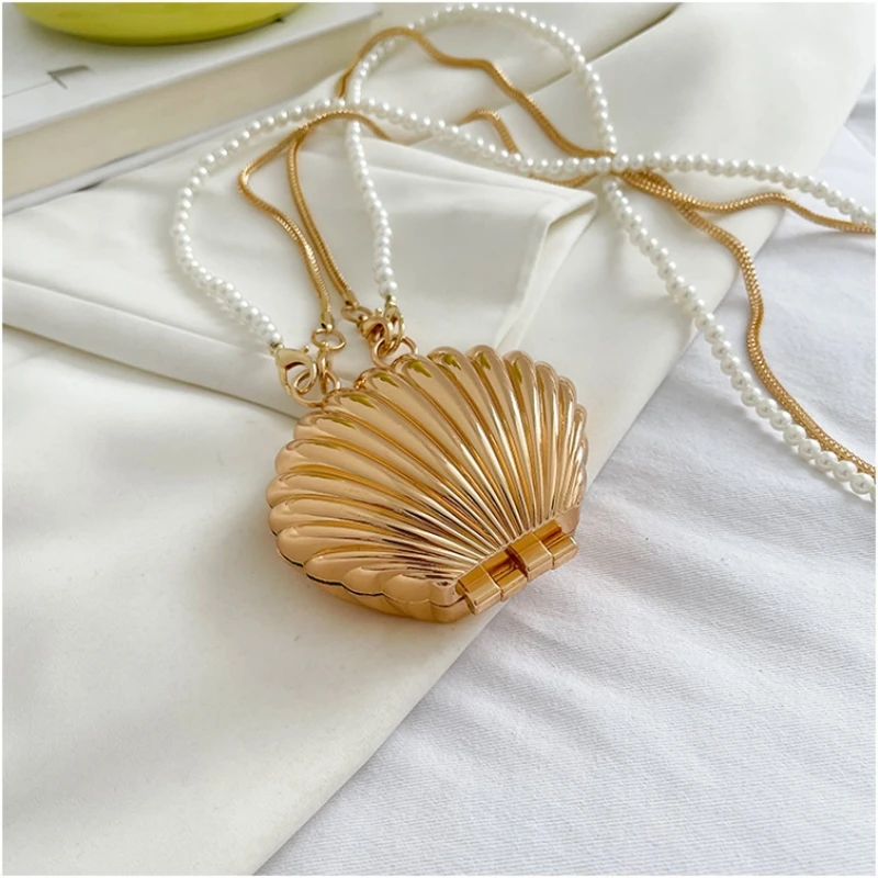 Chic Mini Metal Shell Crossbody Bag Pearl Chain Lightweight Magnetic Closure Detachable Strap Women