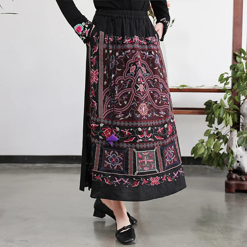 

2022 New National Style Harajuku Vintage Black Cotton Linen Embroidered Women Skirt Midi Elastic Waist Casual Loose Female Skirt