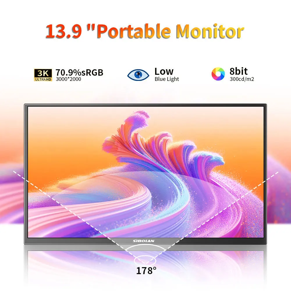 시볼란 13.9인치 3K 휴대용 모니터 3000x2000P 70.8% sRGB 60Hz 노트북 PC 확장 화면 게이밍 모니터 (윈도우 & 맥 호환)