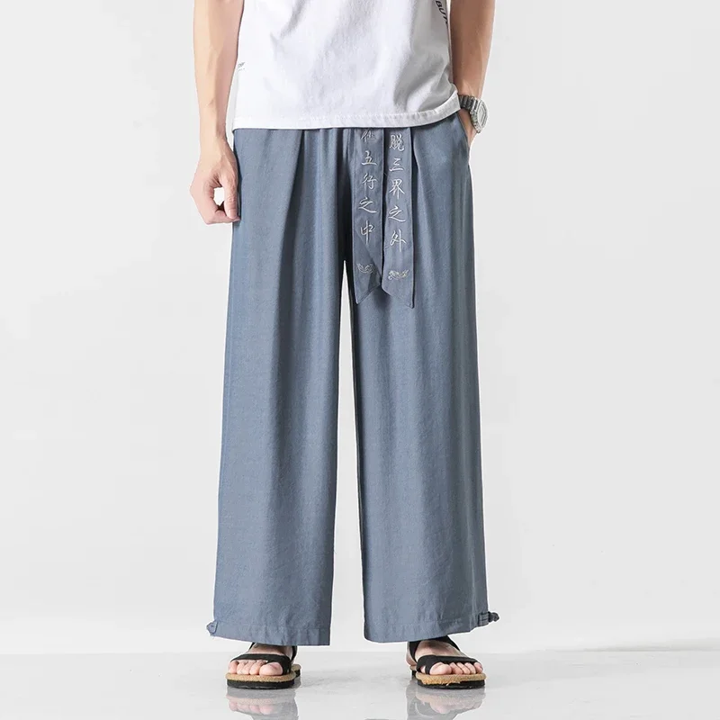 Men Wide Leg Pants Japan Samurai Thai Silk Pants Summer