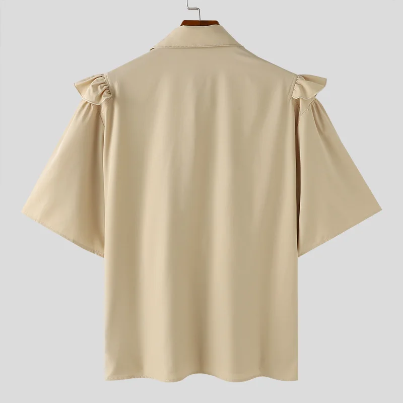 Description Picture 6 of item2024 Men's Shirt Lapel Short Sleeve Solid Color Ruffle Loose Casual Men Clothing Streetwear Summer Fashion Shirts S-2XL INCERUN