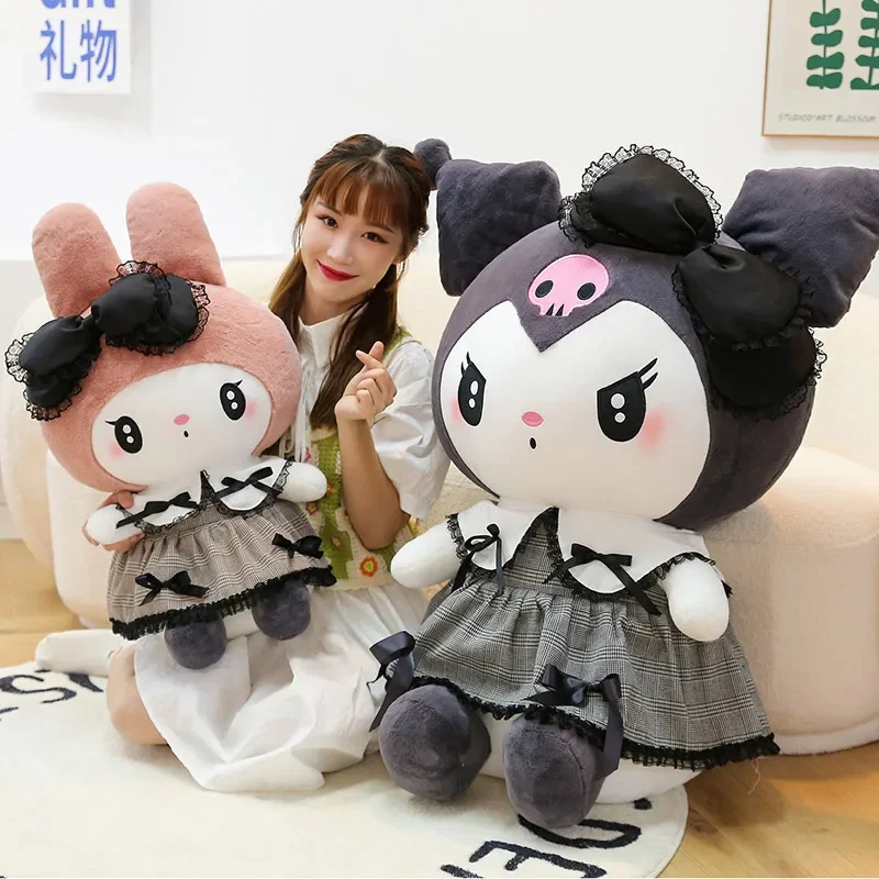 Sanrios Black Kuromi Mymelody Plush Stuffed Dolls Kawaii Cartoon Sofa Cushion Pillow Dark Gothic Lace Toy Birthday Gift for Girl kuromi college style black doll neck dress female summer short sleeve loose thin lolita skirt women dress elegant for sweet girl