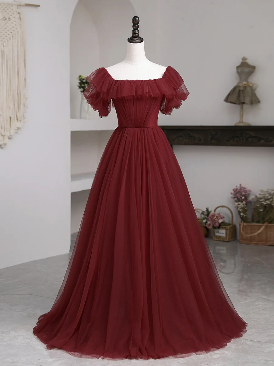 

Popodion Wine Red Bubble Sleeve Evening Dress Wedding Party Dress for Prom Bu10270