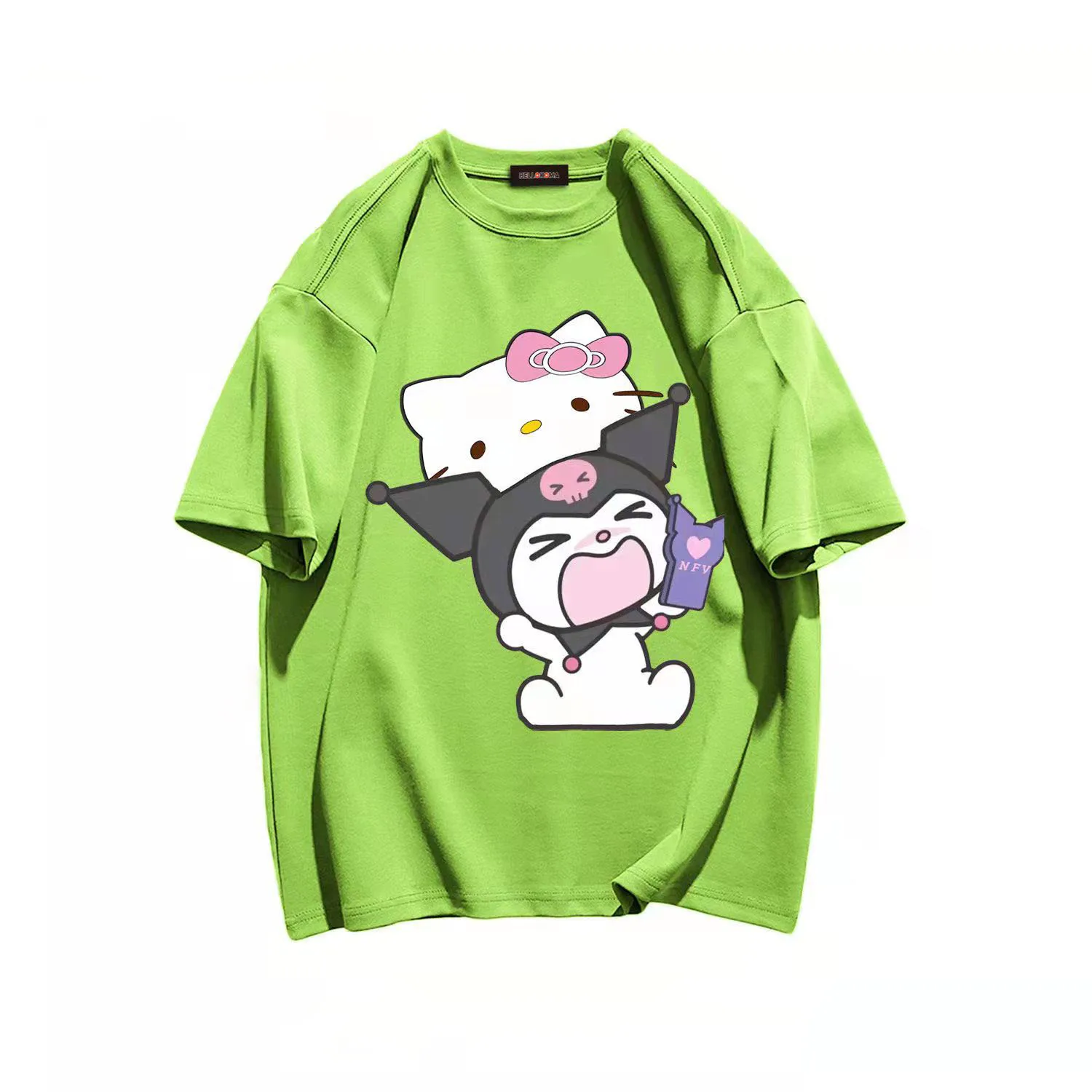 thumbnail image 1 of Camiseta de manga corta de algodón de estilo universitario sencillo para niñas de Hello Kitty, Top holgado con cuello redondo que combina con todo para niños, 1 of 5