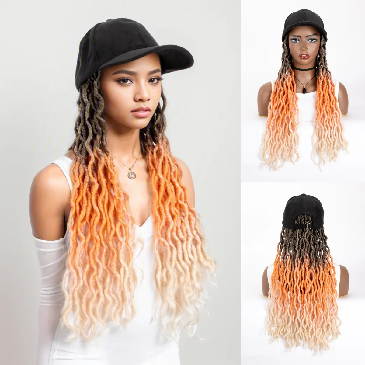 WIGERA Goddess Gypsy Soft Faux Locs With Curly Wavy Ombre Orange Pink Braids With Hat Cap Wig Braiding Hair Extensions For Women