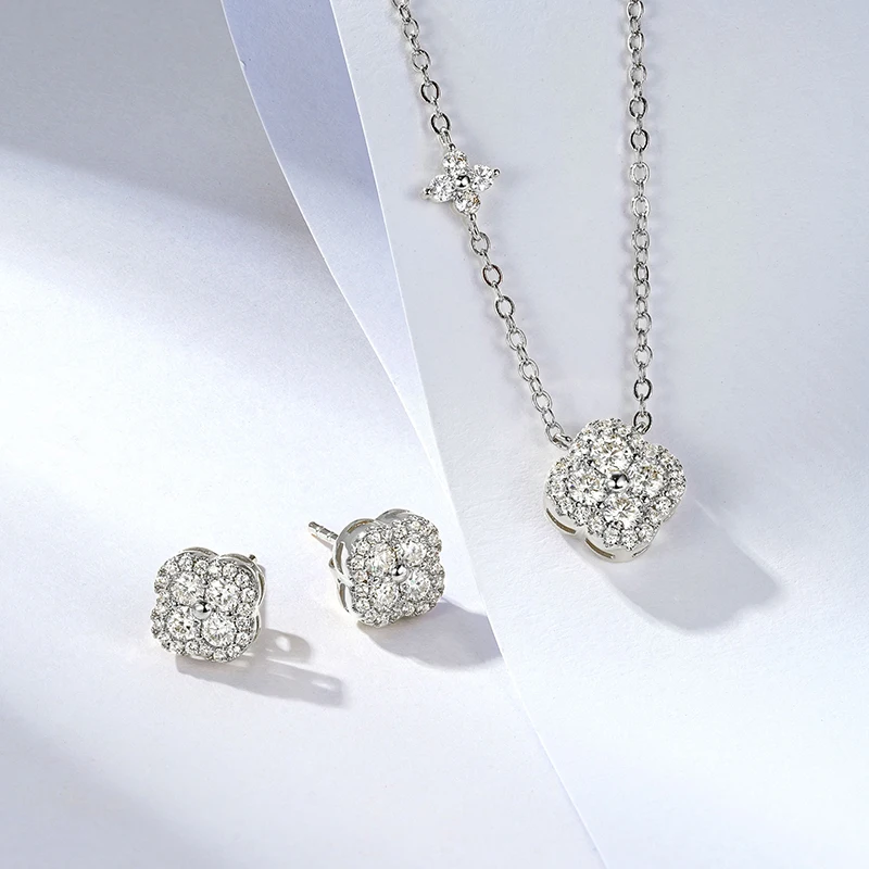 Rrjzz D-Color VVS1 모이사나이트 클로버 스터드 귀걸이 펜던트 목걸이 GRA 4개의 꽃 모양 14k 금도금 여성용 주얼리 세트