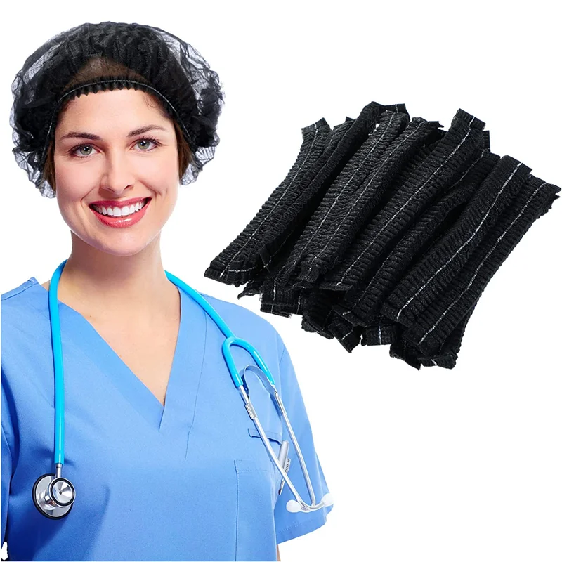 

Disposable Bouffant Caps 100PCS Stretch Hair Net Head Covers for Cooking Food Service Kitchen Home Salon Spa Catering 21" Black