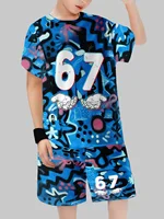 Ensemble 2 pièces pour enfants : T-shirt à manches courtes et short imprimé chiffres 6 et 7, style 'Brainrot' italien amusant, pour garçons 5