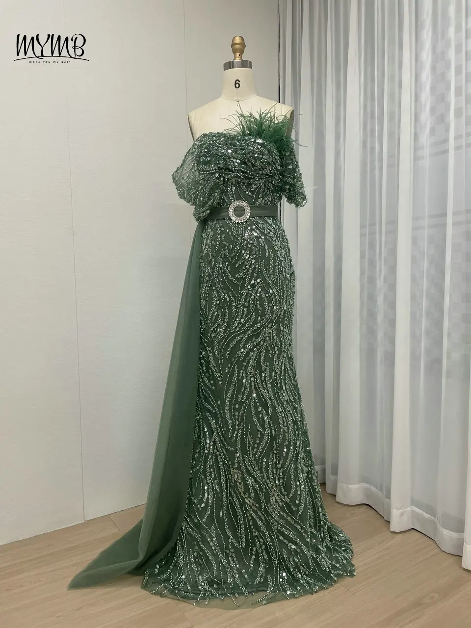 MYMB Elfenbein Atemberaubendes schulterfreies Meerjungfrau-Brautkleid mit Perlen und Federn De Novia Arabisch Exklusive Abendkleider für Frauenparty – Detail 18