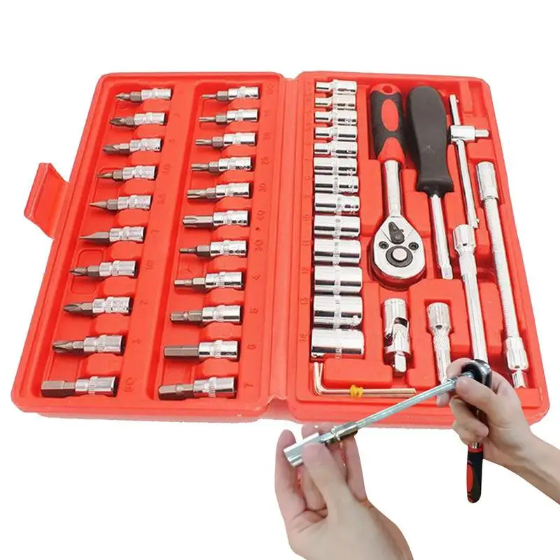 

Socket Set Combination 46pcs Mechanics Tool Set Portable Repairing Tools For Bicycles Automobiles Motorcycles Mechanical And