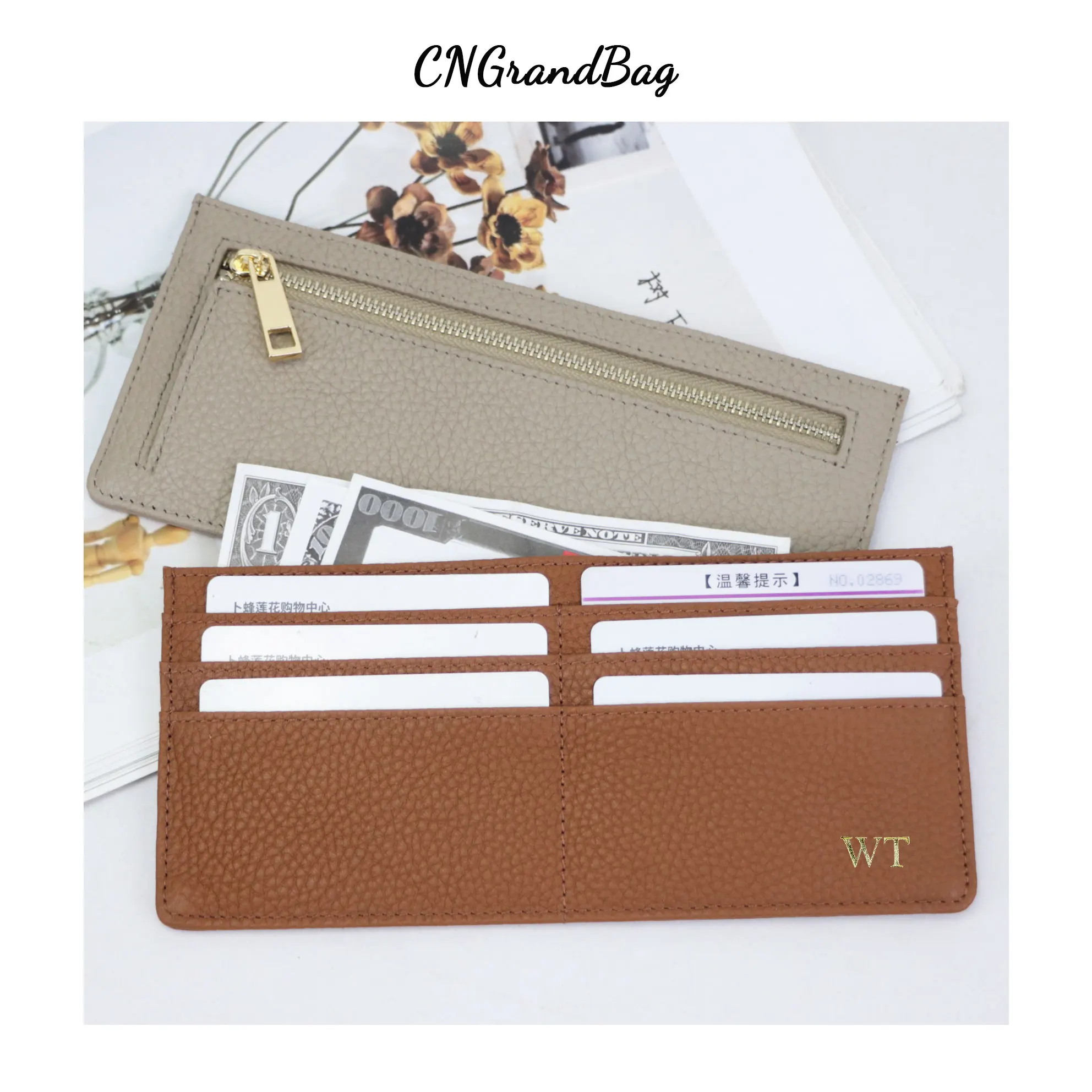 Monogrammed Letters Genuine Leather Women Card Wallet Slim Flat Wallet Zip  Purse Ultra Thin Leather Long Wallet