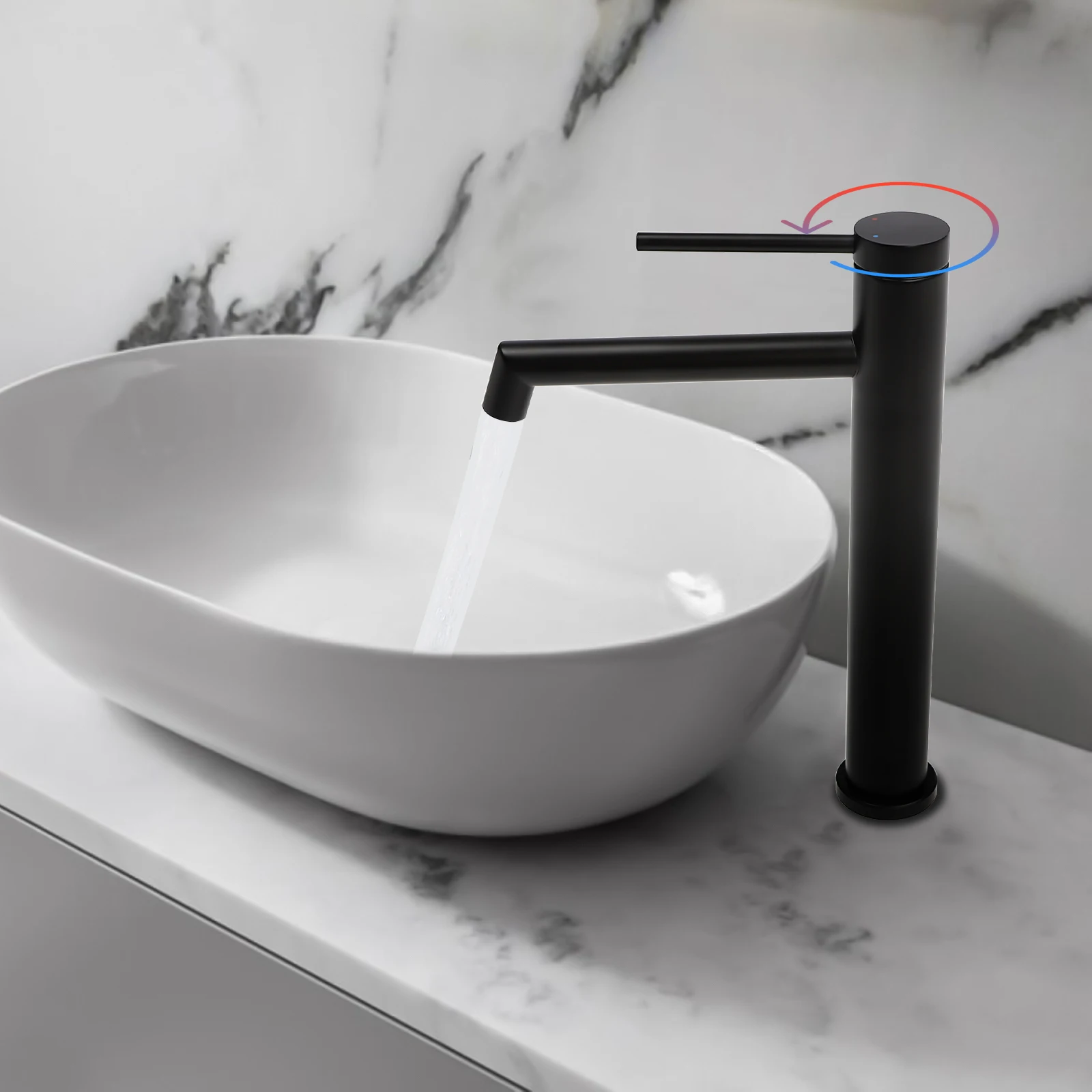 Single Handle Single Hole Black Wash Basin Mixer Tap with G3/8 Hot and Cold Hoses for Homes, Kitchens, Bathrooms