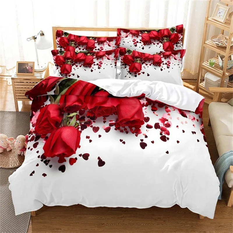 Red Rose Flowers Bedding Set Floral Duvet Cover Romantic Quilt Cover For Girls Women Wedding Valentine's Day Mother's Day Gifts