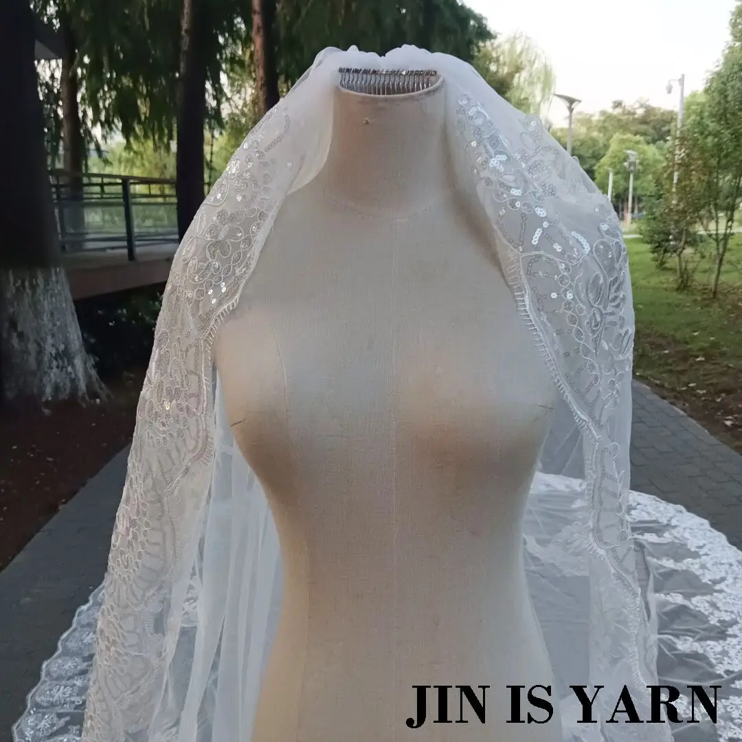 Real Photo Wedding Veil Lace Edge Long Bridal Veil Applique Sequins With Comb Cathedral One-Layer 5m bridal veil