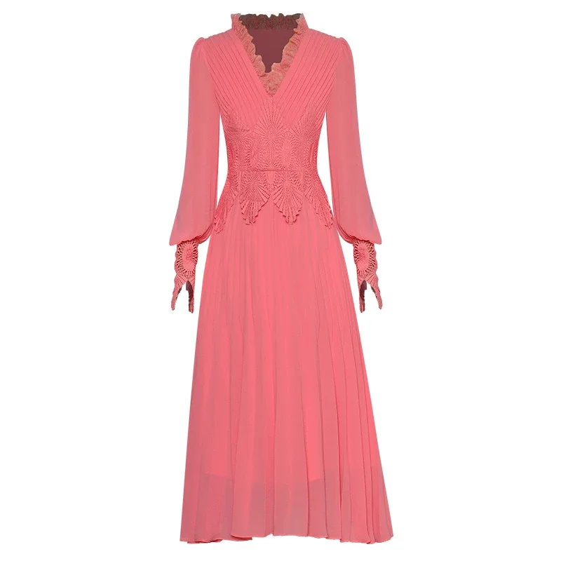 

Fashion Runway Spring Women V-neck Lantern Sleeve Draped Lace Patchwork Pleated Pink Dresses