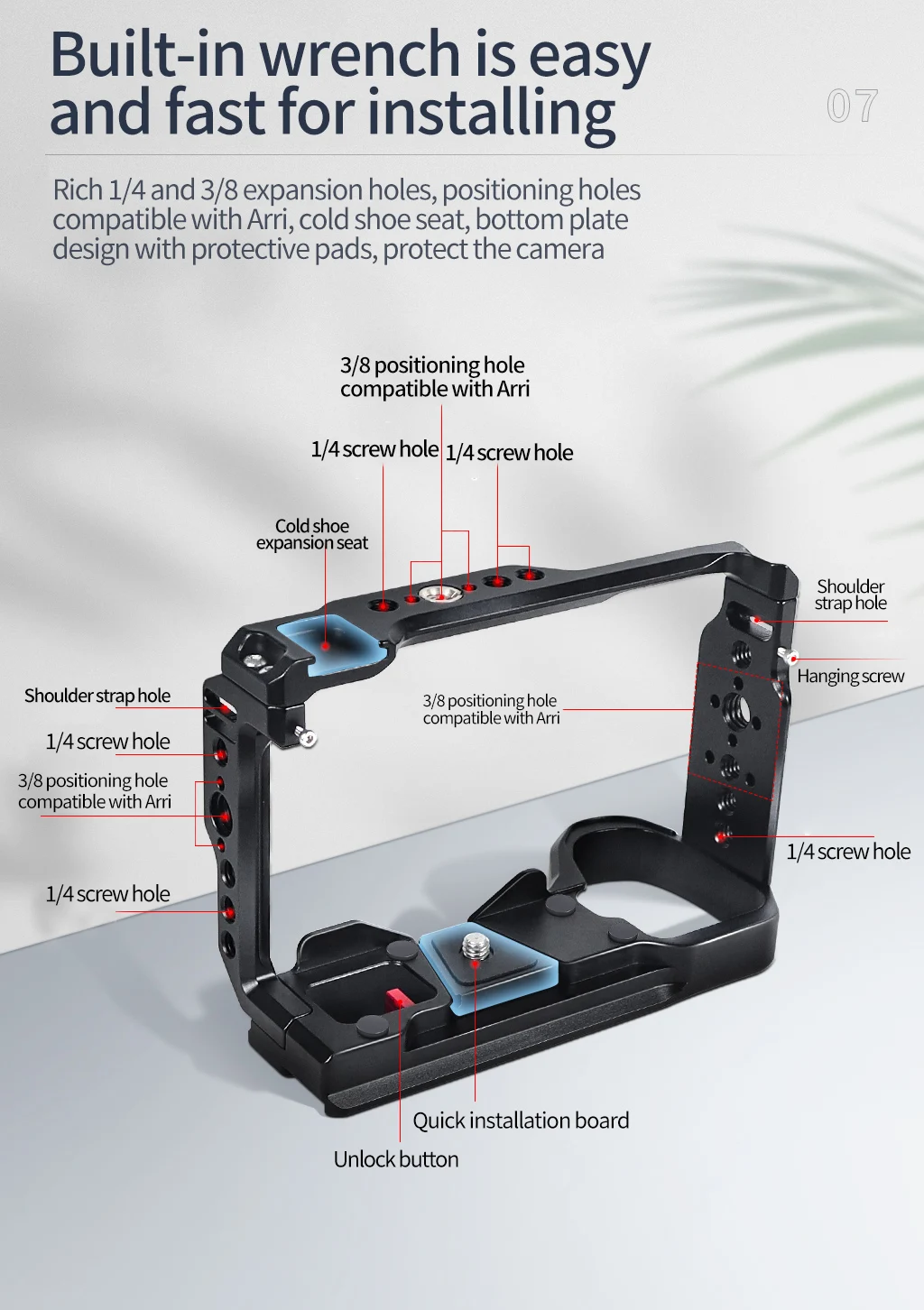 Kamerakäfig aus Aluminiumlegierung, Video-Rig, oberer Griff, Kit mit Kaltschuhhalterung für Sony A6700 DSLR-Kamera für Mikrofon, Blitzlicht – Detail 9