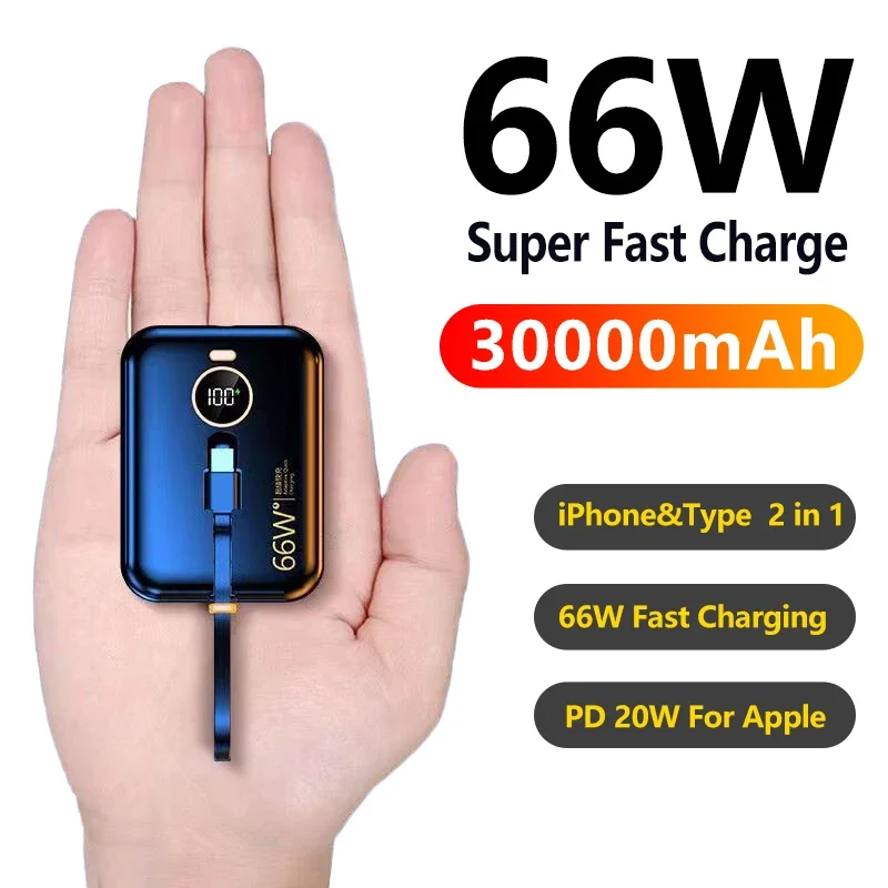 66W Mini Power Bank 30000mah Portable Power Bank Detachable USB to TYPE C Cable Two-way Fast Charger for iPhone Xiaomi Samsung