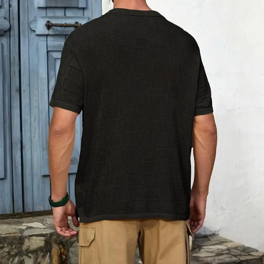 Description Picture 6 of itemLapel Men Shirt Men's Summer Short Sleeve Shirt Lapel Design Solid Color Geometric Pattern Breathable Top for Work Vacation