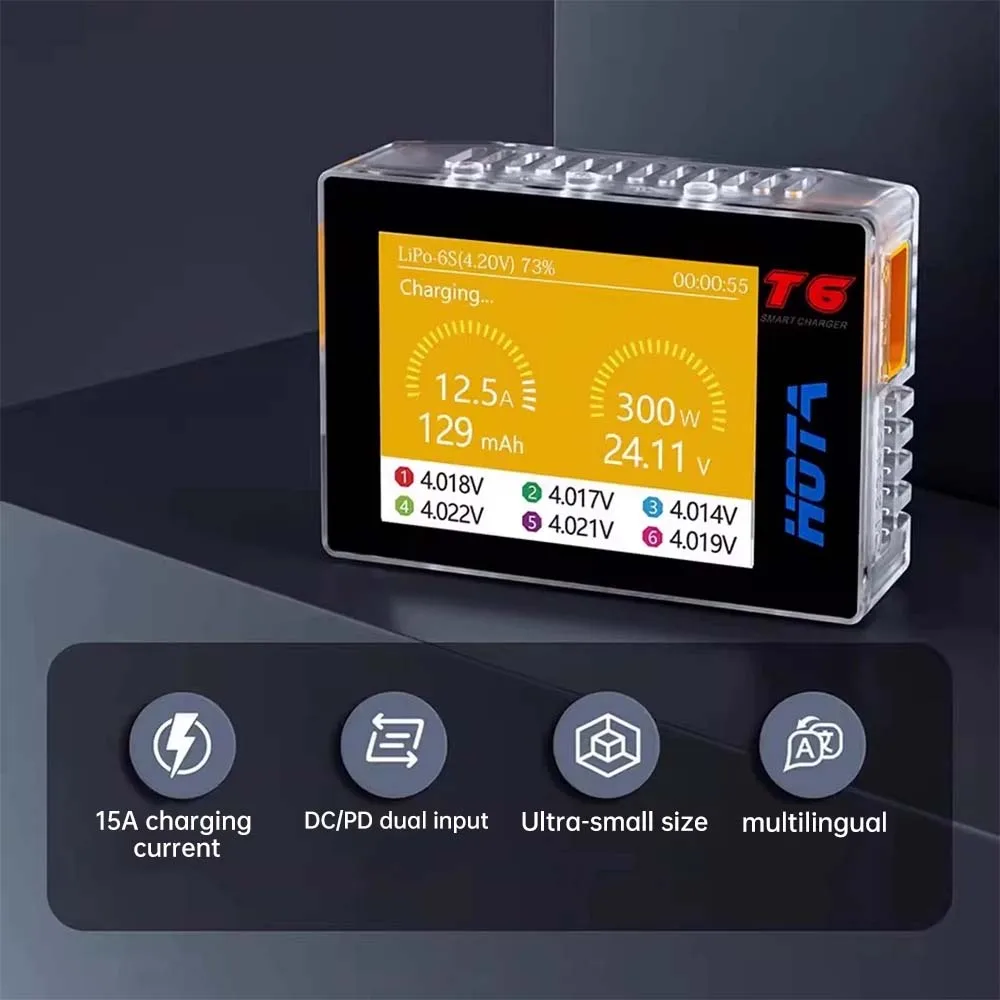 HOTA T6 Smart Charger  DC/PD Dual Input 300W 2.4IPS Supports XT60 and TYPE-C Interfaces Compatible  PD3.0 FPV RC Battery Charger thumbnail 5