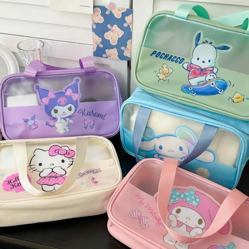 Japanese Sanrio Kawaii Hello Kitty Organizer Portable Cosmetic Bag Transparent Waterproof Portable Stationery Storage Supplies