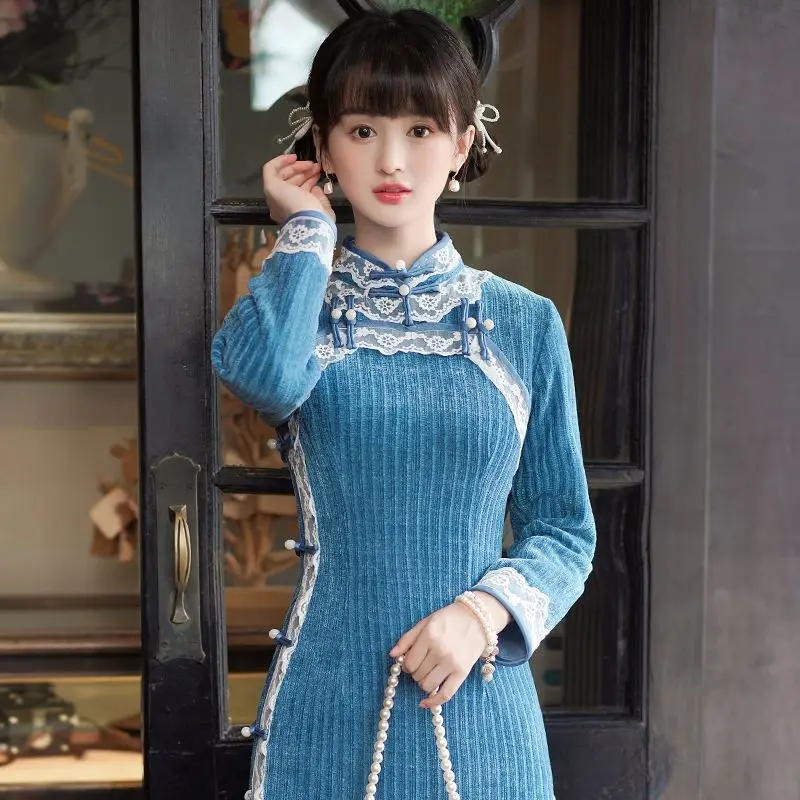 

2024 chinese style autumn new young ladies blue long sleeved qipao elegant improved cheongsam hanfu dress tangsuits dress