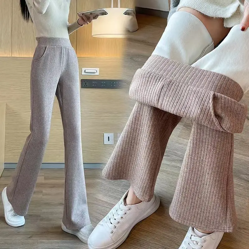 Women Fleece Lined Straight Pants 2023 Korean Fashion Winter High Waist Pantalones Elastic Vintage Pocket Autumn Winter Trousers