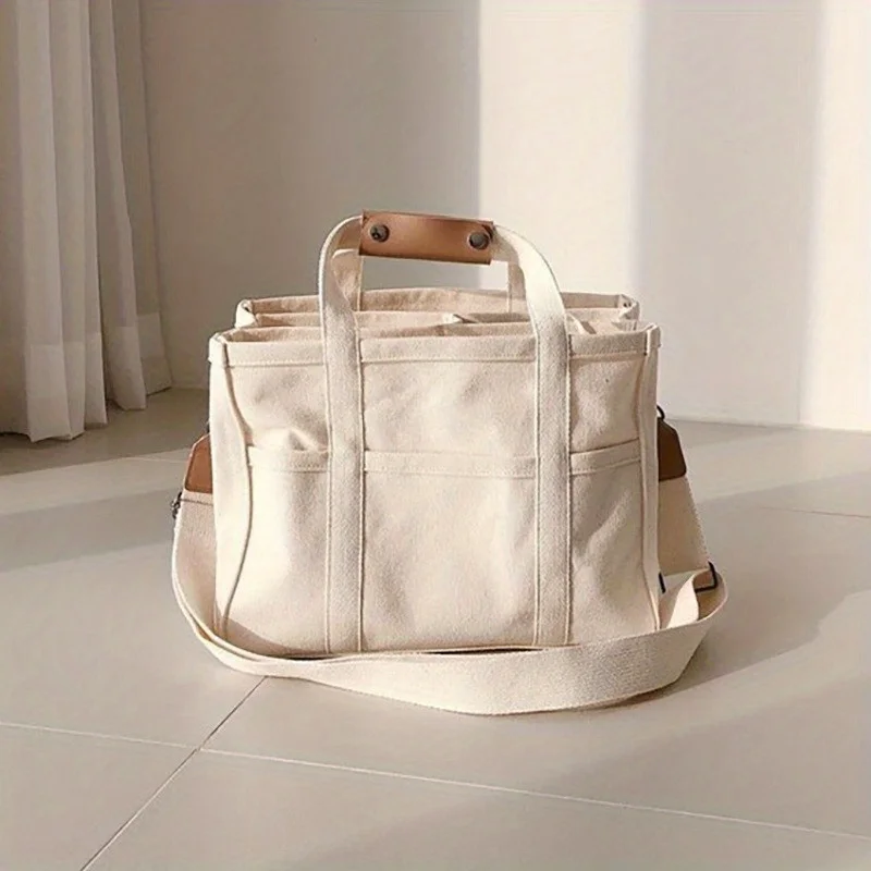 Trendy Multi-pocket Divider Canvas Tote Bag All-match Solid Color