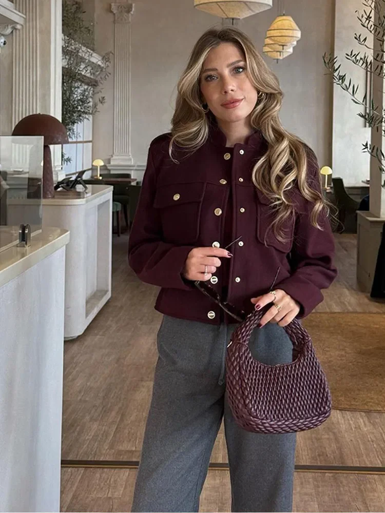 Elegant Women's Burgundy Cropped Jacket Female Stand Collar Single Breasted Full Sleeve Pocket Coat 2024 Autumn Lady Outwear New 3
