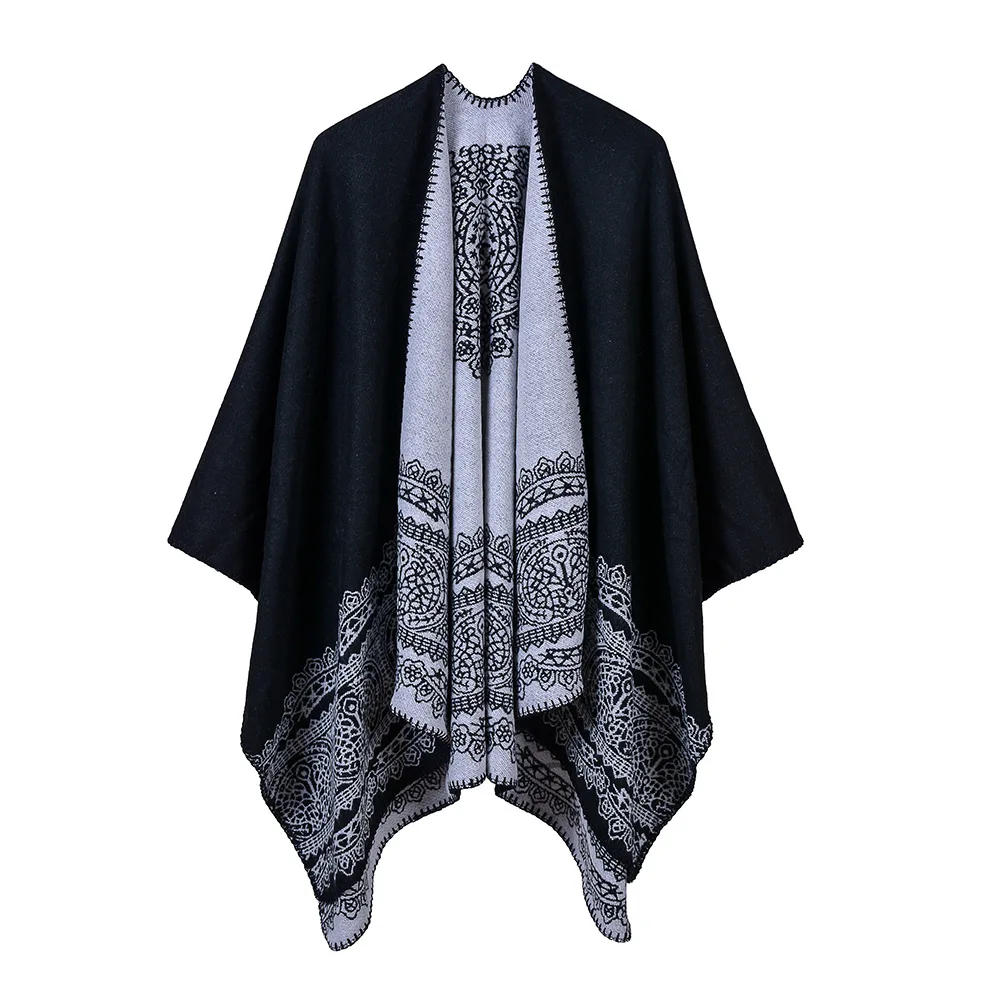 

Autumn Winter Women's Lace Pattern Generous Classic Catwalk Performance Wearing Shawl Pastoral style fork Ponchos Capes Black