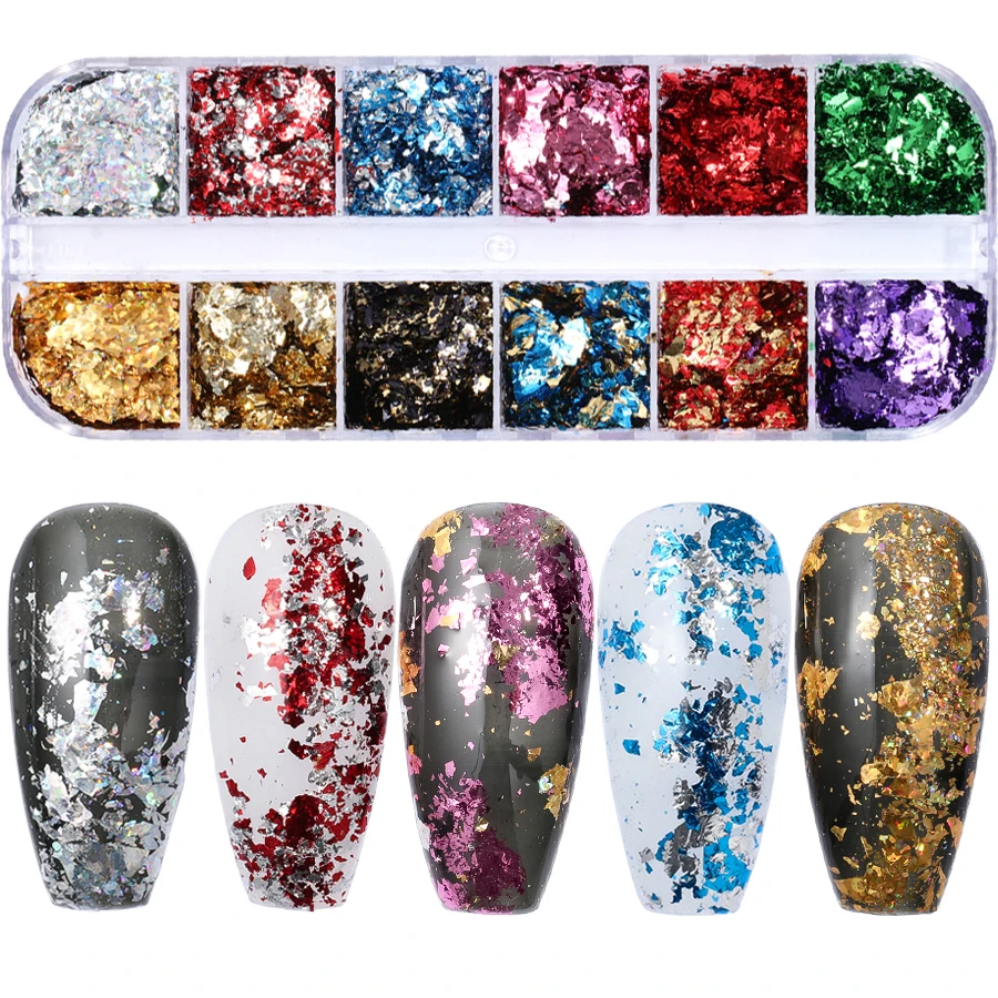 Nail Decoration Nail Decorations Nail Flakes 12 Grids Metallic Holographic Nail Art Colored Gold Foil Paper Flakes Aluminum Nails Decoration Confetti Manicure Supplies Set