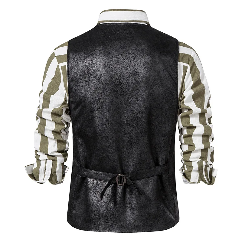 Vintage Vest Mens Faux leather V-Neck Sleeveless Jackets Fashion Single Breasted Casual Classical Suit Business Slim Fit Costume