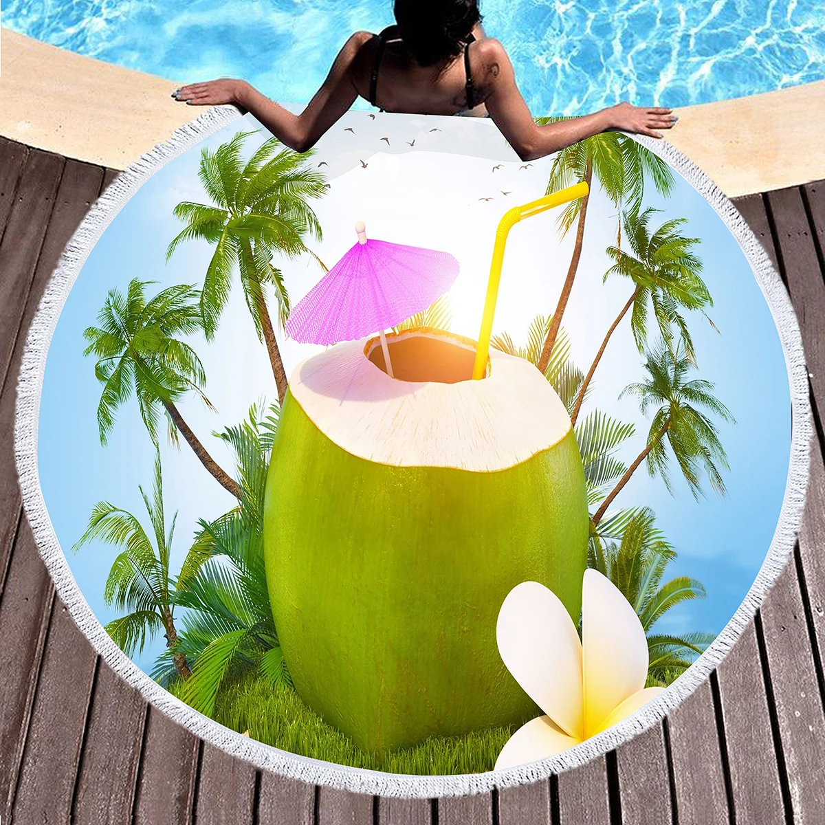 thumbnail image 1 of Toalla de playa redonda con diseño de frutas y coco para adultos, toalla de playa de microfibra de secado rápido, toallas de piscina súper absorbentes, manta de playa sin arena, 1 of 5