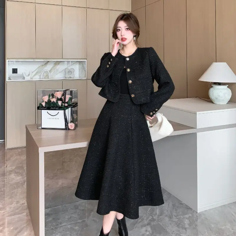 High Quality French Two Piece Set Women Tweed Solid Simple O-Neck Long Sleeve Jacket Coat+High Waist Skirt Suit  Autumn Clothes