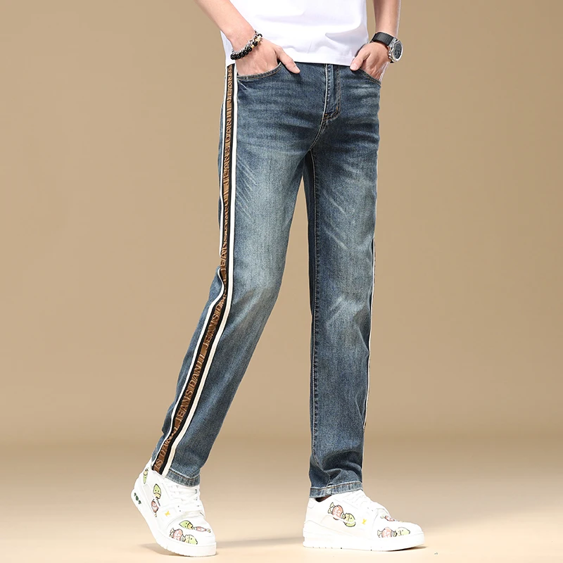 2024Summer Stripes High-End Men's Straight Jeans Blue Embroidery Loose Elastic Fashion Wide-Leg Trousers