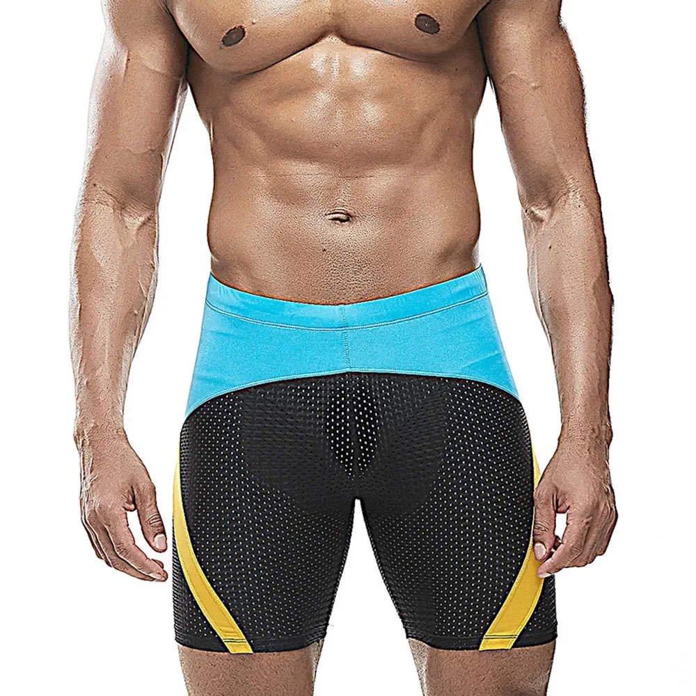 Men's four-quarter medium-length swimming trunks triangular lining nylon mesh without water pocket professional color mat