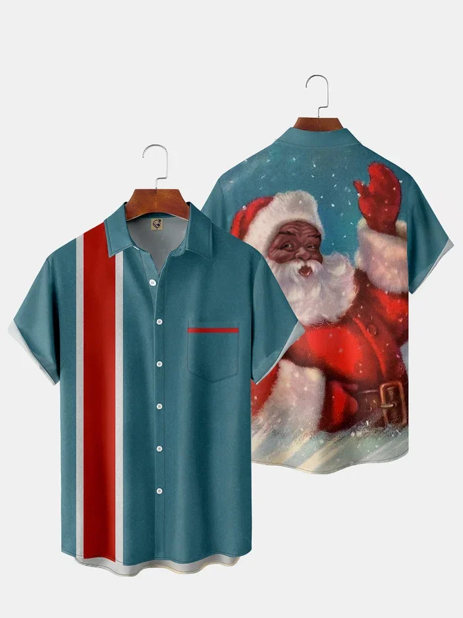 New Christmas Print Men Shirts Casual Vinatge Color Short Sleeve Hawaiian Shirt with Chest Pocket Loose Breathable