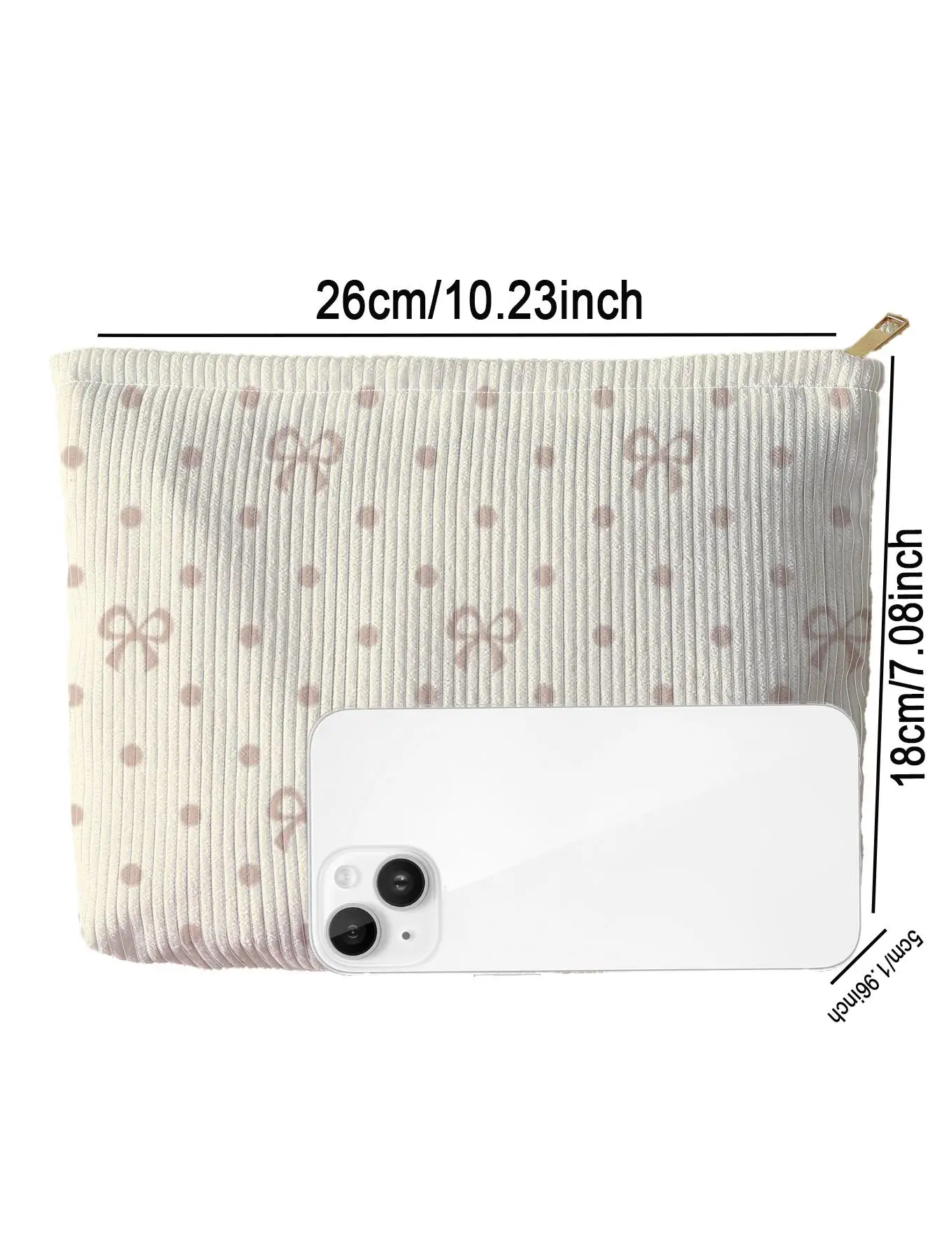 1pc，Pink bow patterned corduroy zipper makeup bag, lightweight and multifunctional makeup storage bag 3