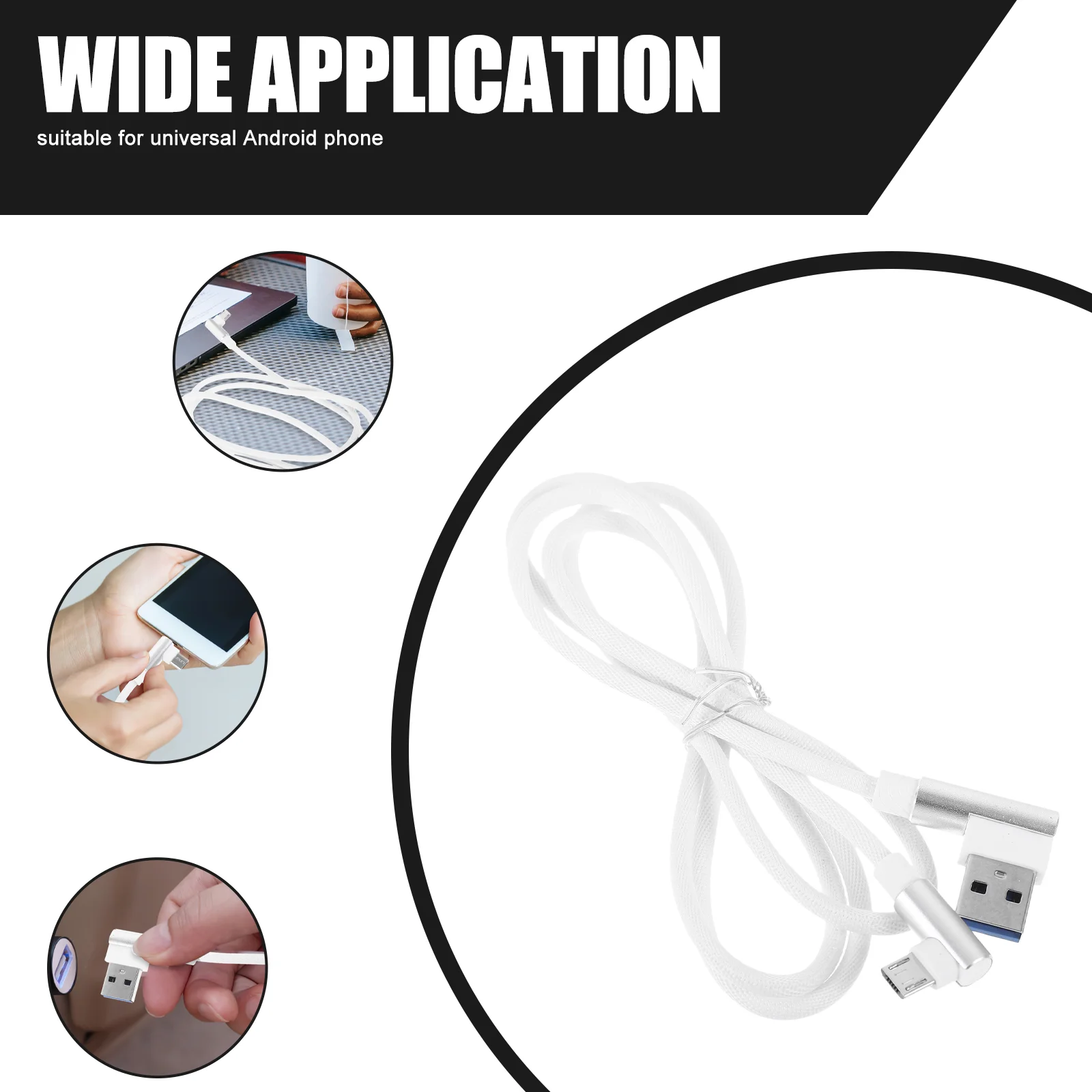 1M Right Angle USB Micro Cable Braided USB 2.4 A to 90 Degree Data Cable Cord for Universal Phone (White)