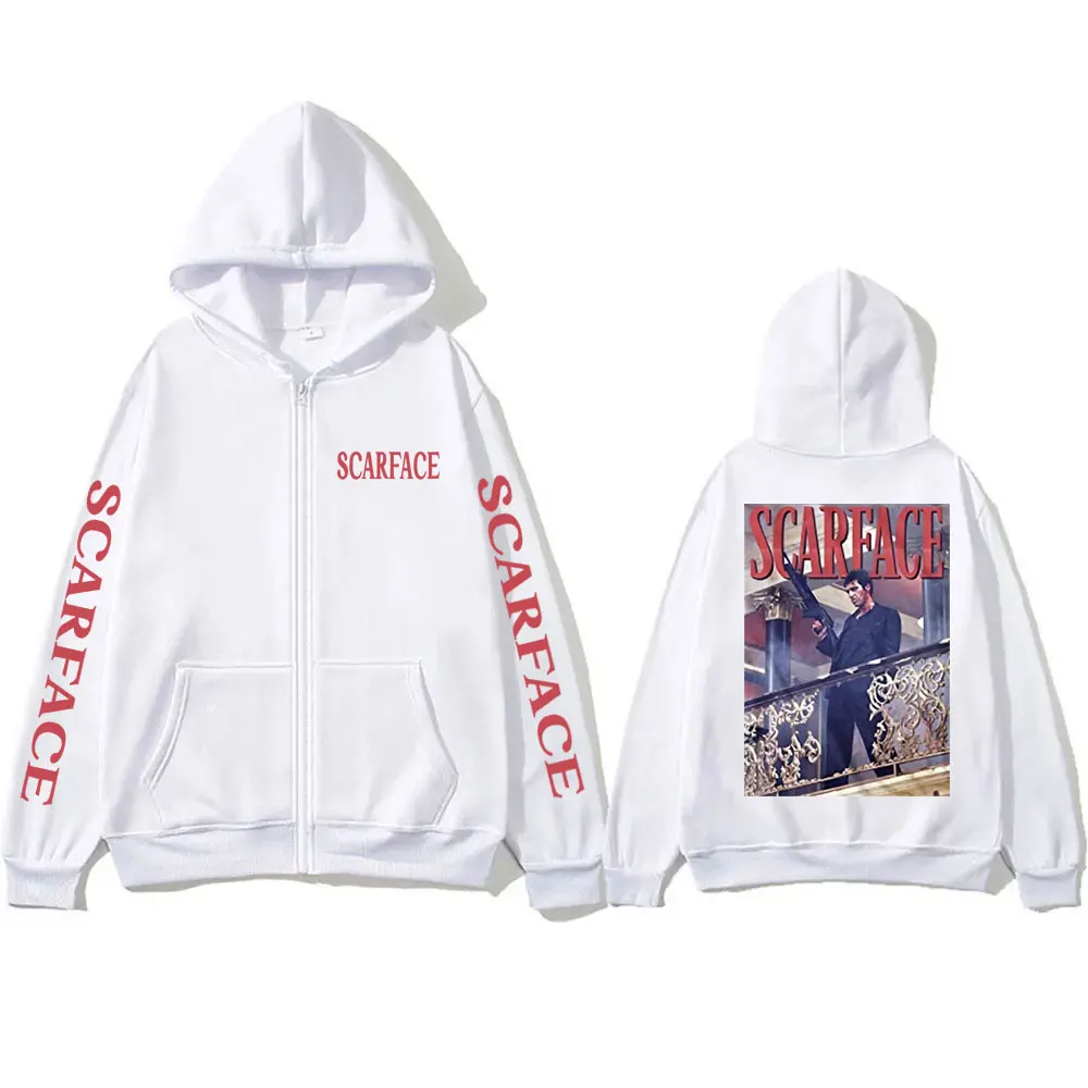 Vintage Movie Scarface Tony Montana Railing Shot Black Zipper Hoodie Al Pacino Hoodies Men Women Gothic Oversized Zip Up Jacket
