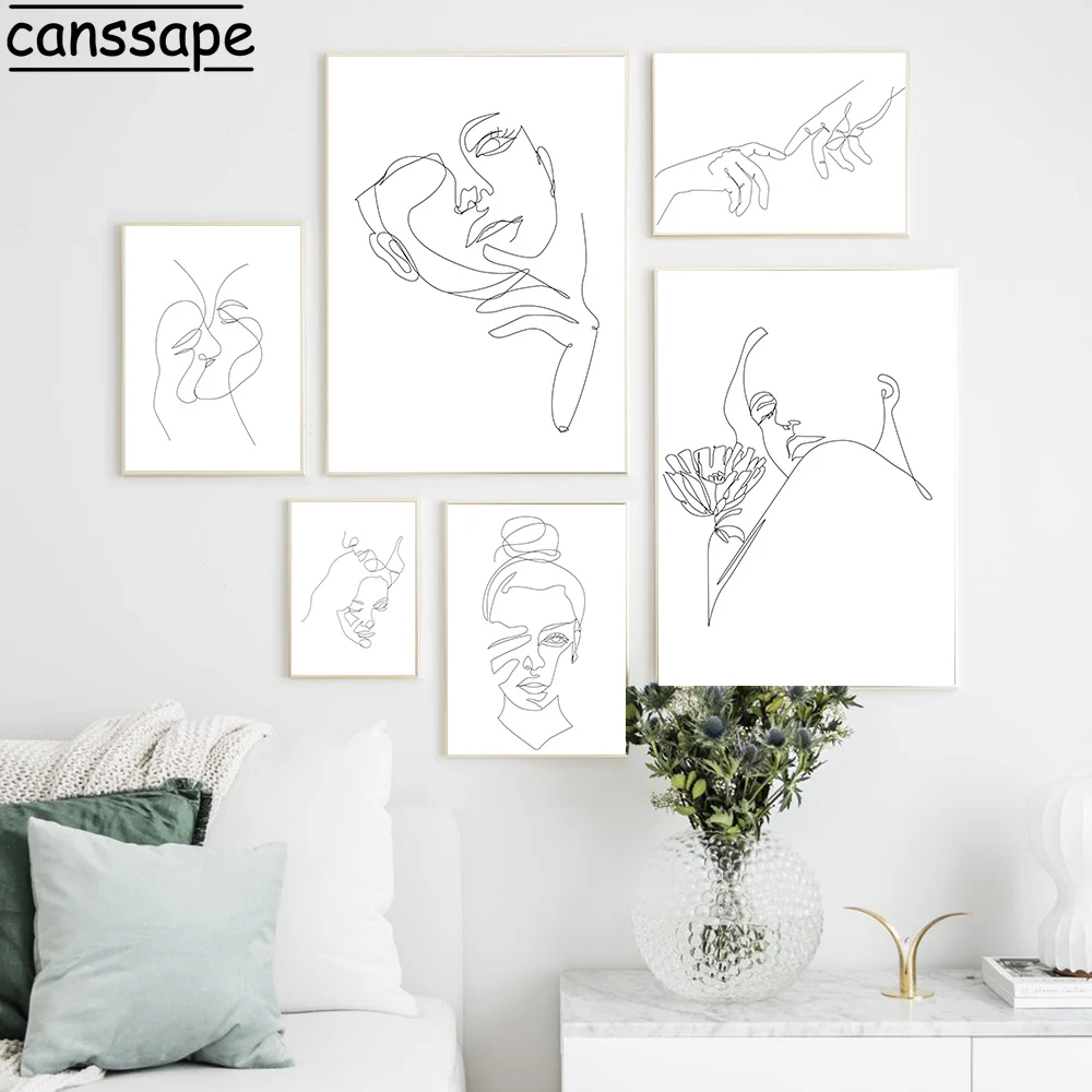 

Abstract Lines Wall Poster Woman Face Kiss Posters Hand In Hand Canvas Painting Nordic Wall Pictures Living Room Decoration