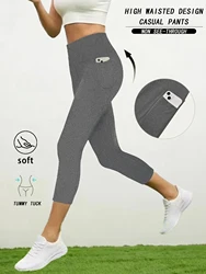 Women's High - Waisted Capri Yoga Pants with Pockets - Super Soft, Tummy Control, 5 - Inch Length - XS (GRAY)