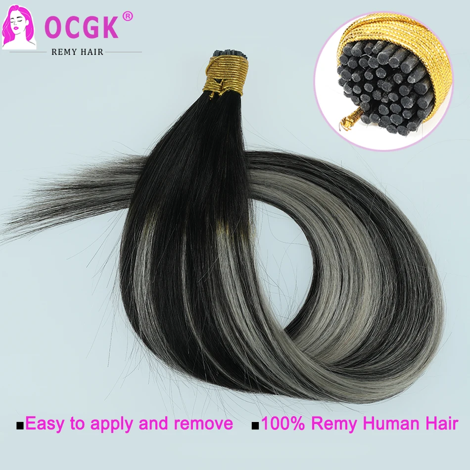 Straight I Tip Hair Extensions Human Hair Natural Black Highlighted Grey Remy Extensions Human I Tip 1g/pc T1B Grey