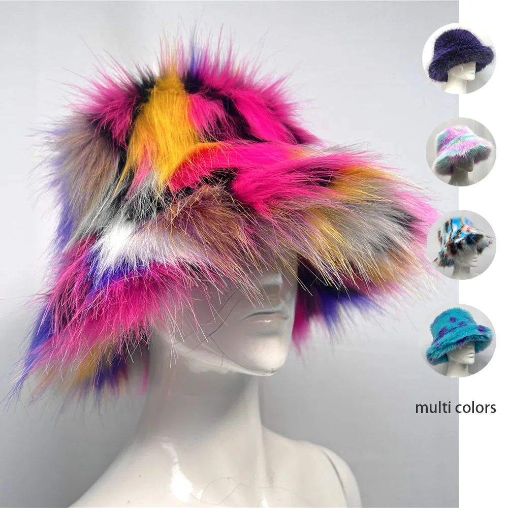 

Colorful Fox Hair Bucket Hat imitation Fur Leisure Fashion Women Warm Winter Hat