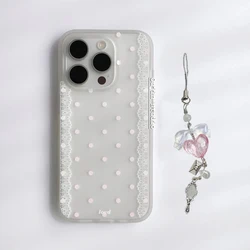 Korean Pink Polka Dots White Lace Edged Cute Phone Case - Y2K Style Cover - iPhone 15 (With chain)