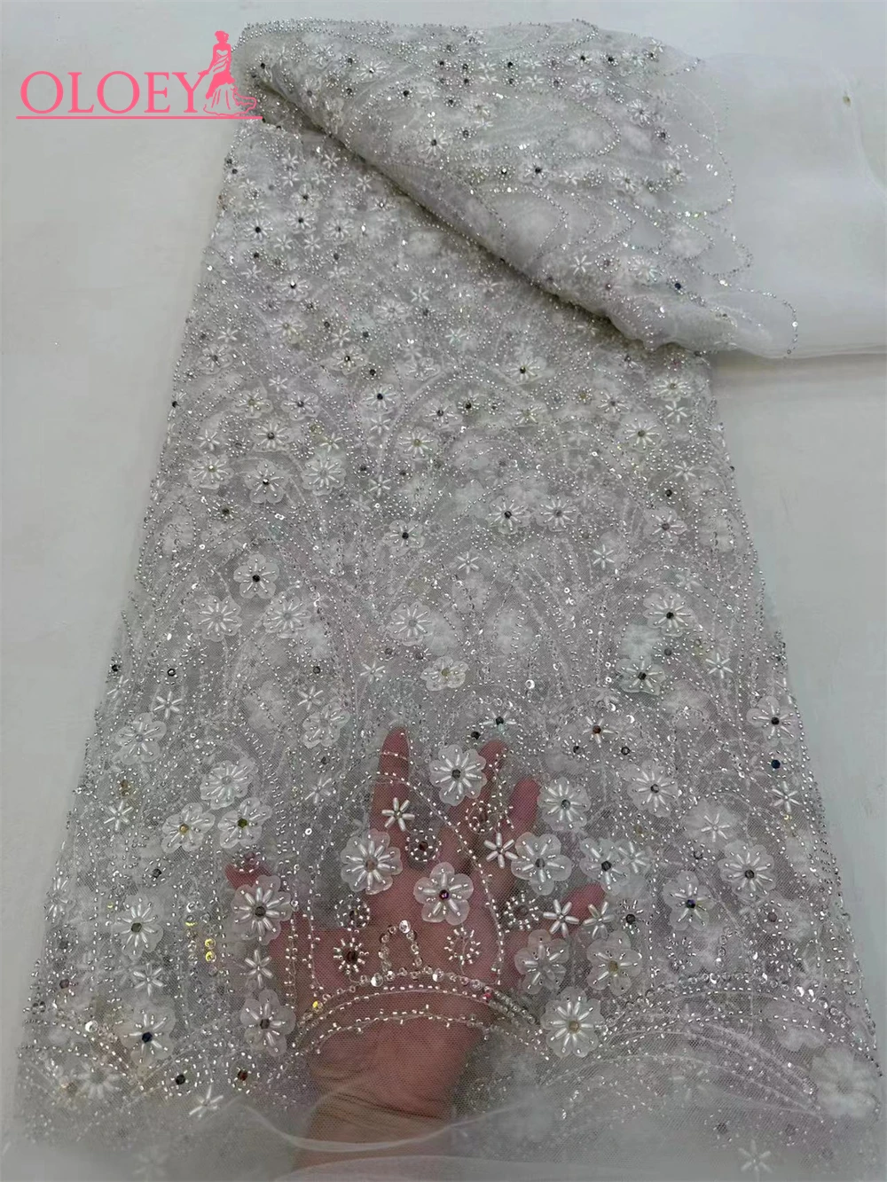 

High-End Luxury French Embroidery Heavy Groom Lace Fabric African Nigerian With Sequin And Gemstones Fabric For Wedding Dress