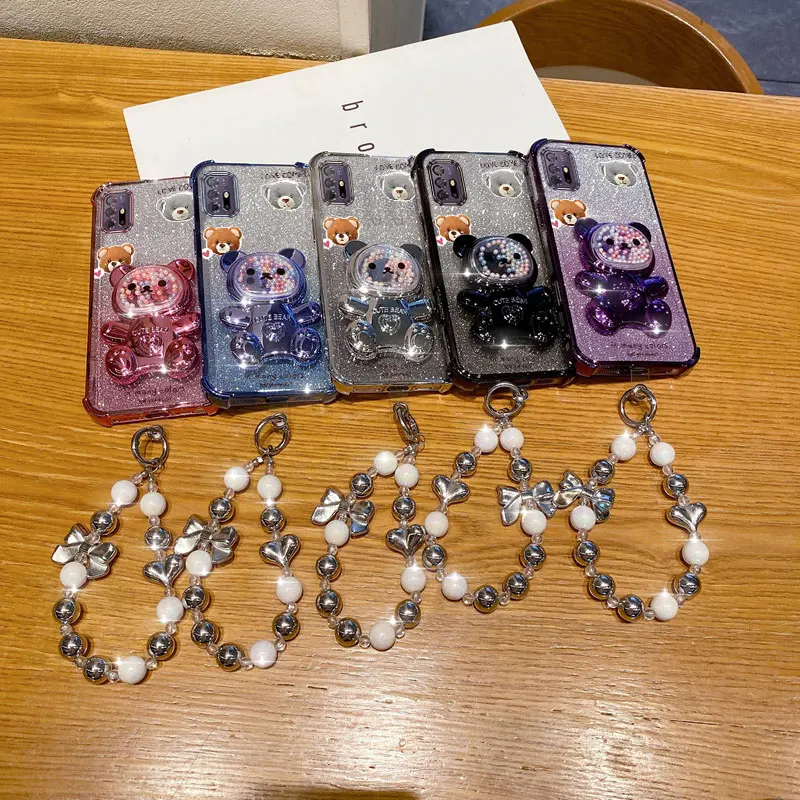 Pearl Strap Glitter Care Bear Phone Holder Case with Stand Cover
