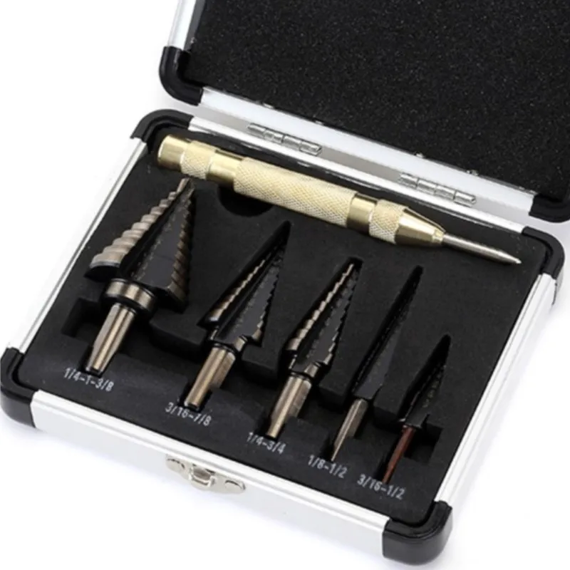 

5/6Pcs Set British System Pagoda Step Drill Bit With Aluminum Box Round Handle Expanding Hole Triangle ench Step Drill Tools